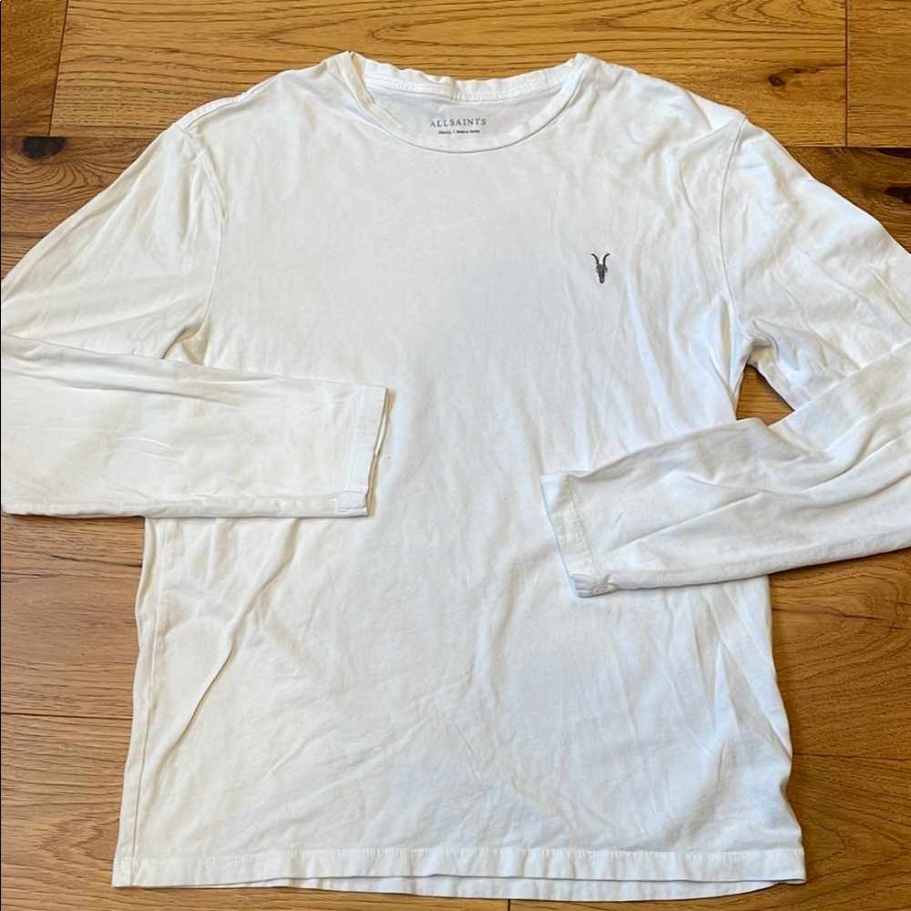All saints white Long Sleeve Tee with Crew Neck and Embroidered Logo